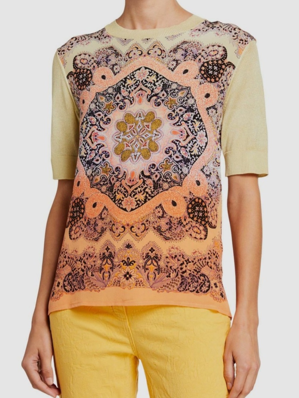 Etro Paisley Medallion Short Sleeve silk and Knit Top in Peach and Cream